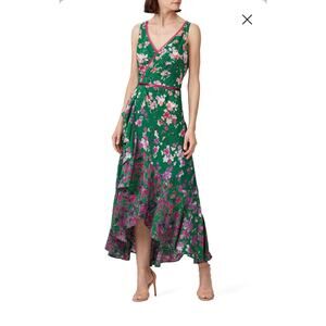 MARCHESA NOTTE Emerald Green Floral Printed Bow Tie Maxi Dress Gown size 2